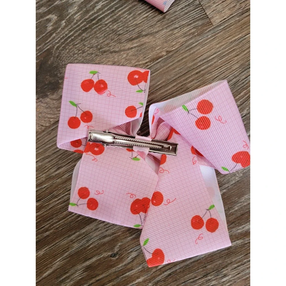 Pink Cherry Print Ribbon Hair Bow Alligator Clip Boutique Style Accessory 5